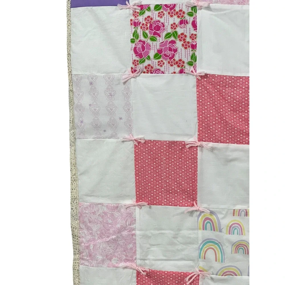 Handmade Pink Floral Rainbow Patchwork Tied Quilt Blanket Cottagecore 40x50